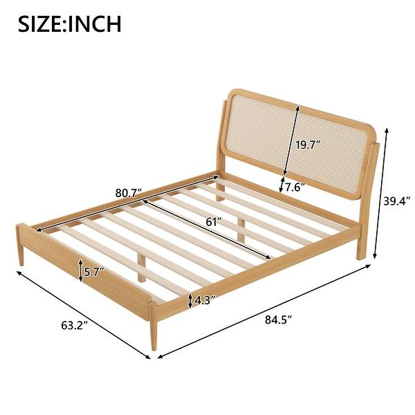 dimension image slide 0 of 2, Vintage Platform Bed with Rattan Headboard ,Easy Assembly,Queen Size