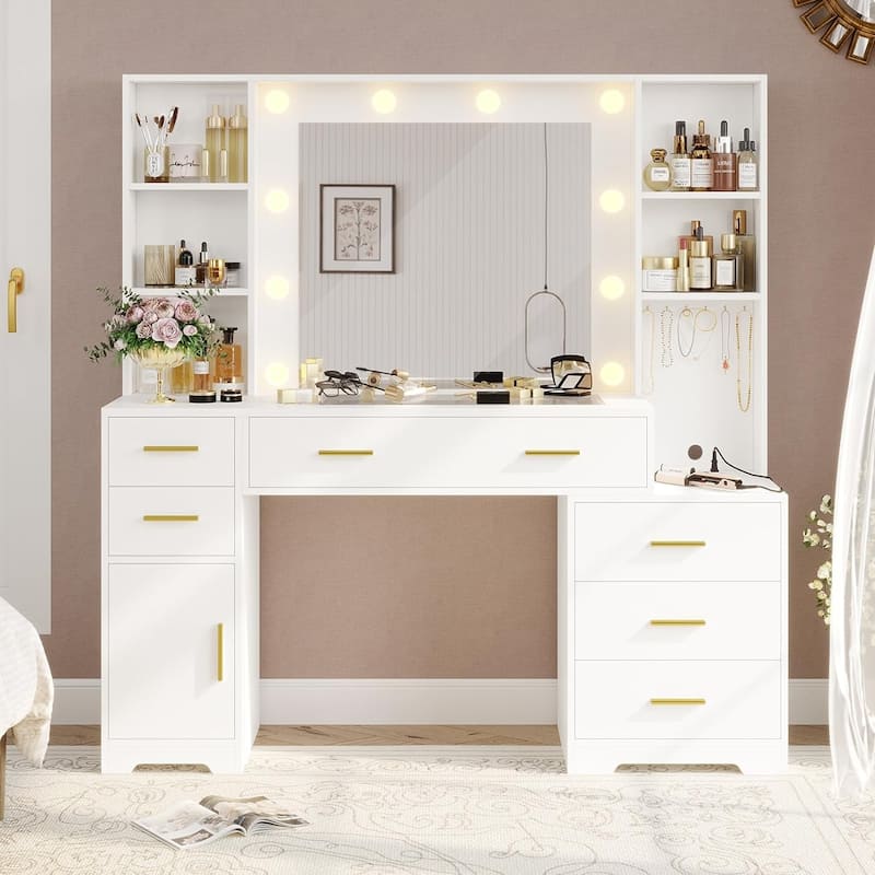 Vanity Desk Mirror Power Outlet 4 Shelves 6 Drawers Glass Tabletop - White