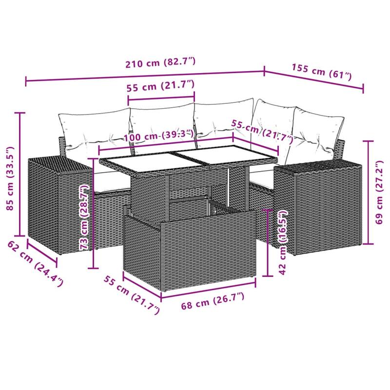 vidaXL Patio Sofa Set with Cushions Outdoor Furniture 5 Piece Poly Rattan