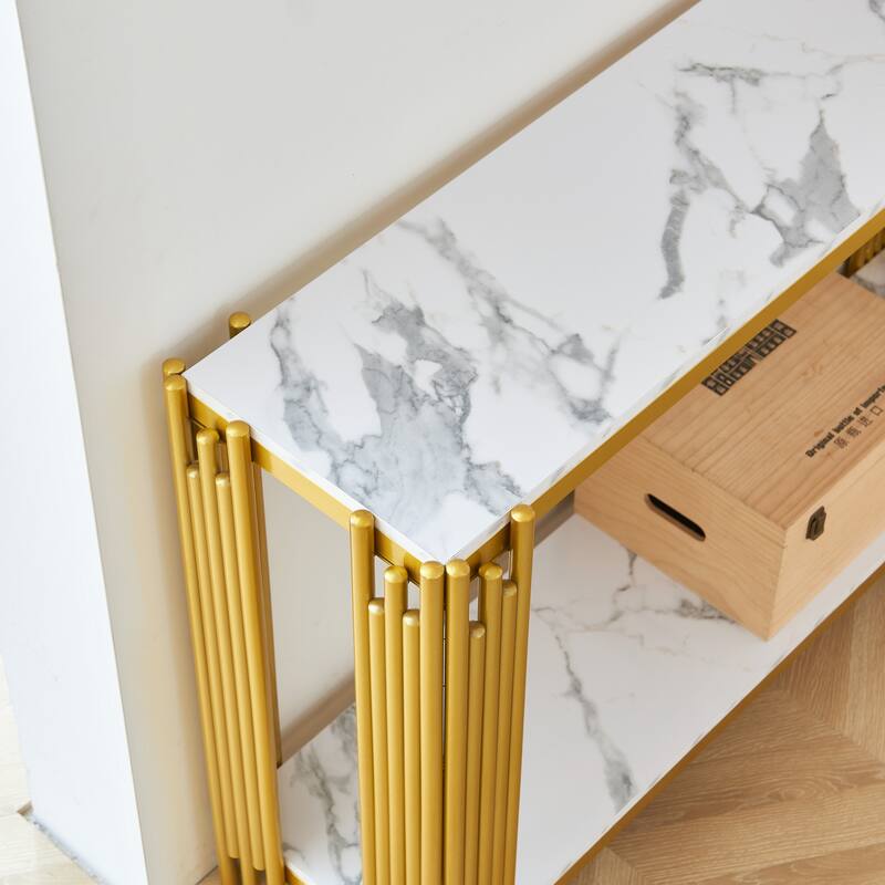 2 Tier Faux Marbling Console Table,Sofa Table,Narrow Entryway Table,Hallway Entrance Table,Adjustable Feet