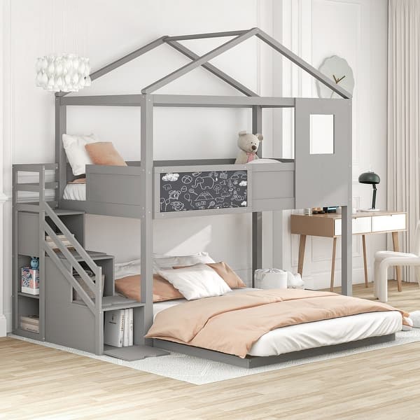 Twin over Full House Bunk Bed with Storage Staircase - Blackboard Gray