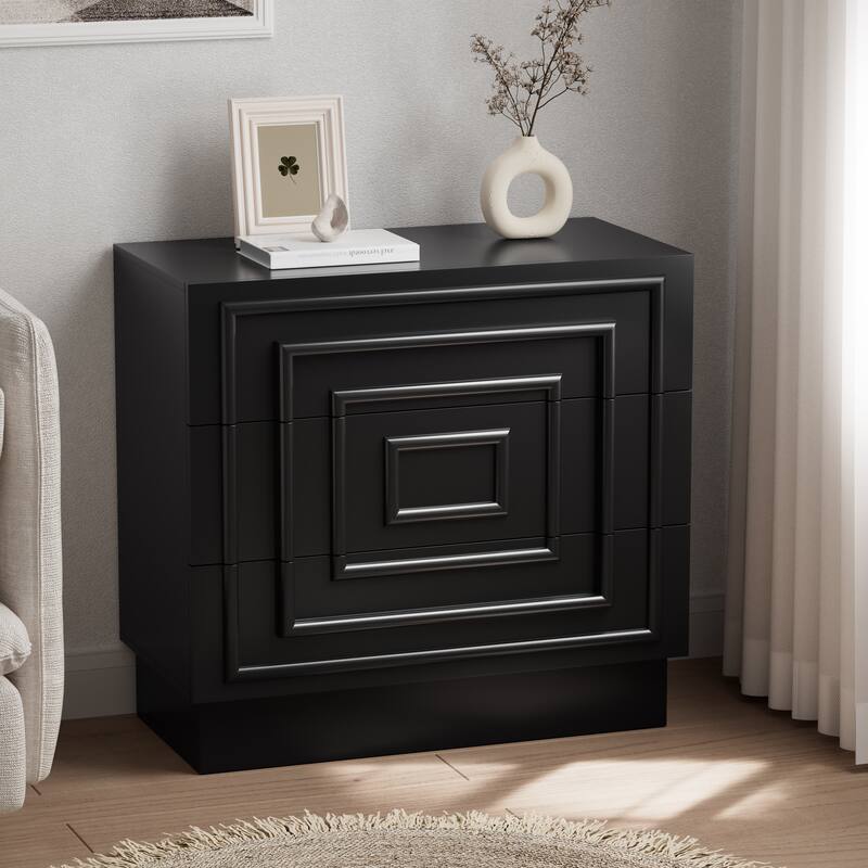 COZAYH Sculptural Mid-Century Modern Dresser & Nightstand with Geometric Square Pattern, Contemporary Chest and Bedside Table - Black - 3-drawer