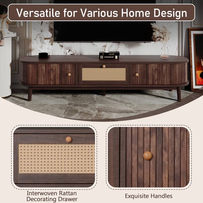 Modern TV Stand for 75" TVs, Media Console TV Cabinet with Rattan-Front Drawer, 1 Drawer and 2 Sliding-Door Cabinets