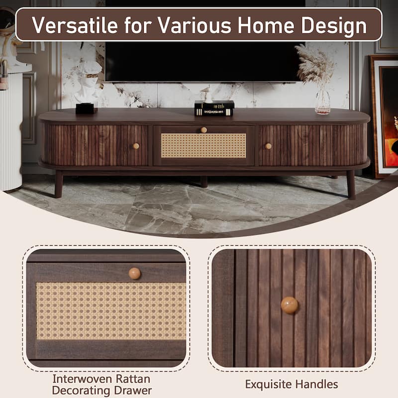 Roomfitters 75" TV Stand with Rattan Drawer, Media Console with 1 Drawer and 2 Sliding Cabinets, Modern Design, Dark Brown