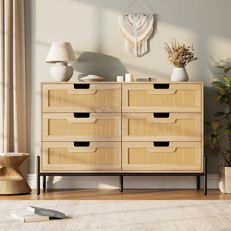 Rattan 6 Drawer Dresser for Bedroom, Modern Farmhouse Wooden Storage Cabinet with Legs
