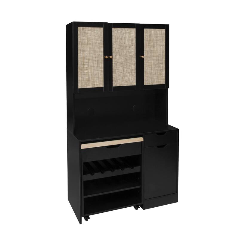 Kitchen Pantry Storage Cabinet, Food Pantry Cabinet with 3 Rattan Doors and Adjustable Shelves