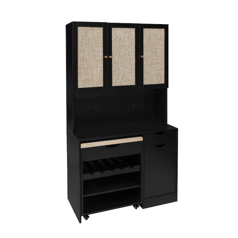 Roomfitters Modern Buffet Cabinet with Hutch, Kitchen Pantry Storage Cabinet with Cart and Rattan Doors, Black