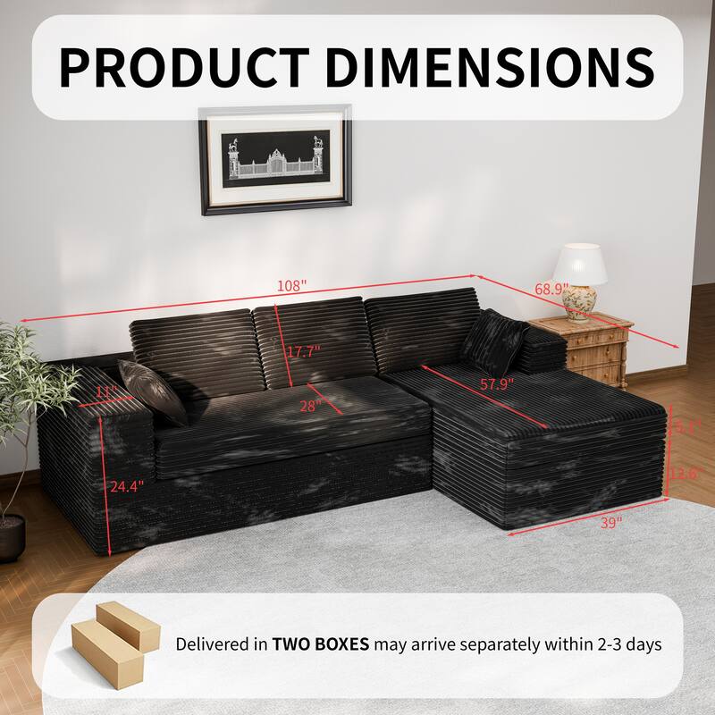 Modland 108”L-Shaped Modular Corduroy Couch with Deep Seats Comfy Sectional Sofa for Living Room