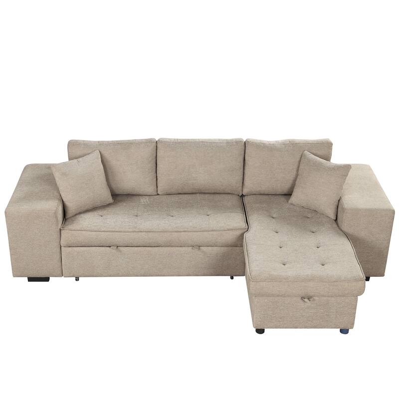 Convertible Sleeper Sectional Sofa, Reversible Sofa with Pull-Out Bed, Storage Chaise & 2 Stools, Linen Upholstered 4 Seat Sofa
