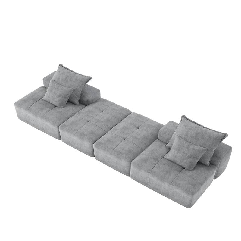 Floor Sofa Sectional Couch with 2 Ottoman, Modern Oversized Chenille Modular Sofa with 4 Pillows for Apartment