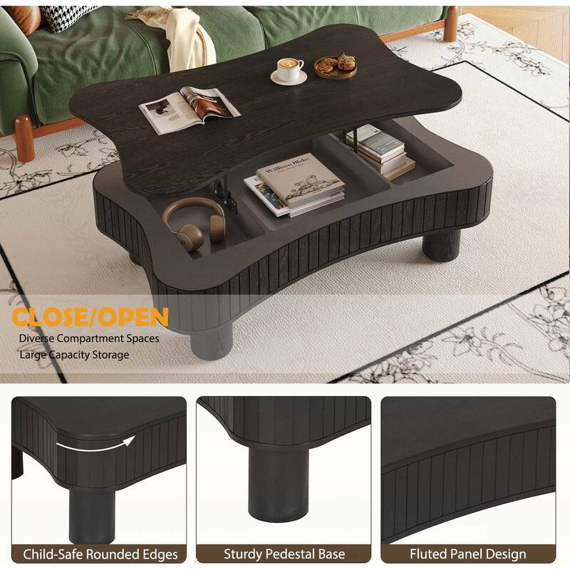 Lift Top Coffee Table with Fluted Panels,Hidden Storage,and Silent Hydraulic Lift for Modern Living Rooms