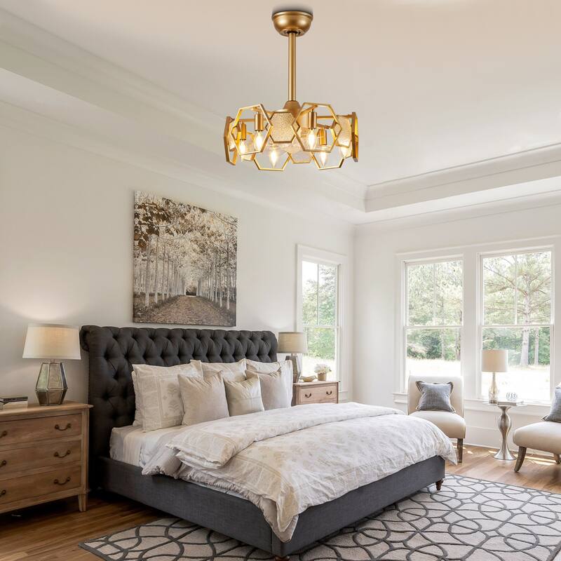 CurveCurio 20" Chandelier Ceiling Fan w Textured Glass Accent, 6 Lights Quiet DC Motor 6 Speed w Remote Control