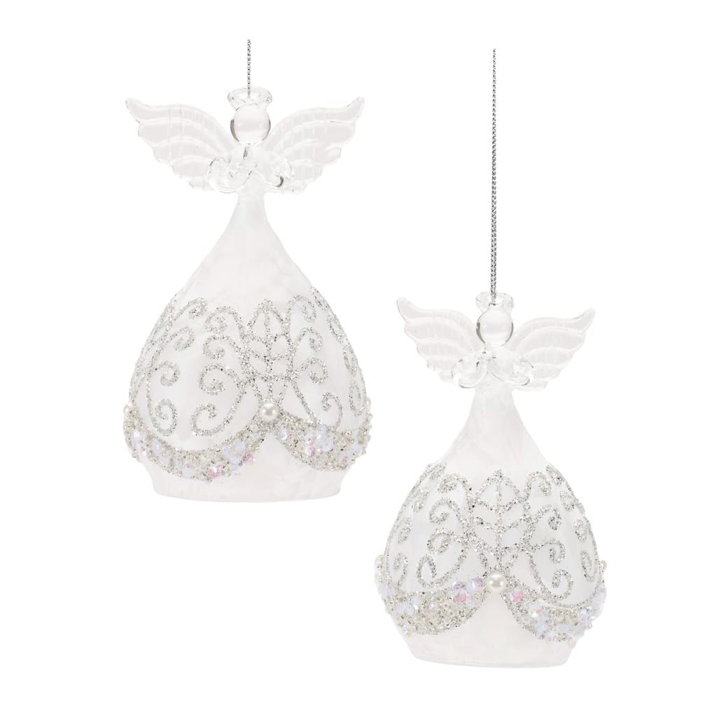 Set of 4 Beaded Glass Angel Ornaments Frosted Teardrop Christmas Decorations in White & Silver - 2.75" x 2.75" x 4"