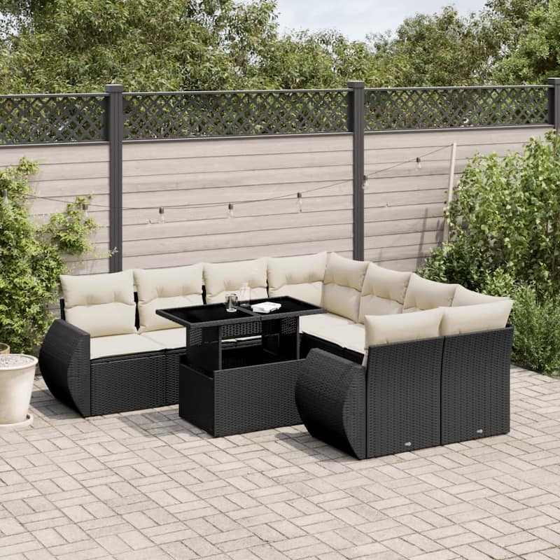 vidaXL Patio Sofa Set with Cushions Outdoor Furniture 9 Piece Poly Rattan - 24.4 x 24.4 x 27.2 - Black and Cream-without storage