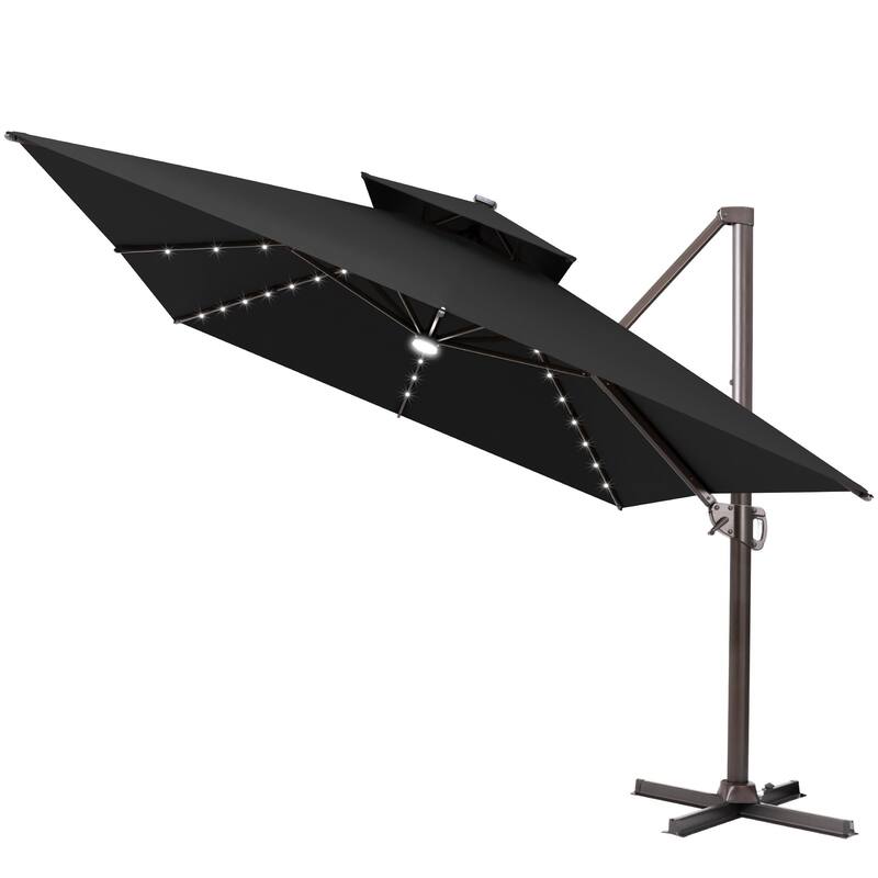 10 FT x 13 FT Outdoor Rectangular Solar LED Lighted Double Top Patio Cantilever Umbrella