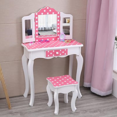 Kids Vanity Table and Stool Set with 3 Mirrors Pretend Play Princess