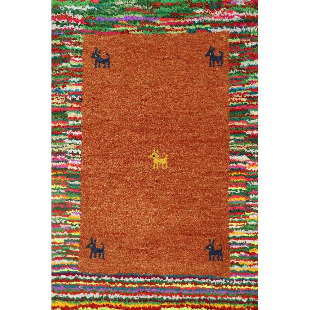 Hand Knotted Oriental 100% Wool Carpet Tribal Animal Pictorial Oranges & Rust Gabbeh Area Rug - 2' 11'' X 2' 1''