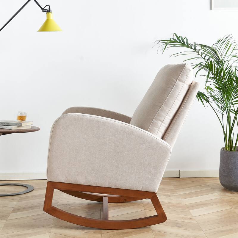 Glider Rocking Chair with Thick Padded Seat, Lounge Armchair with Side Pocket, High Back Sofa Chair with Wood Base