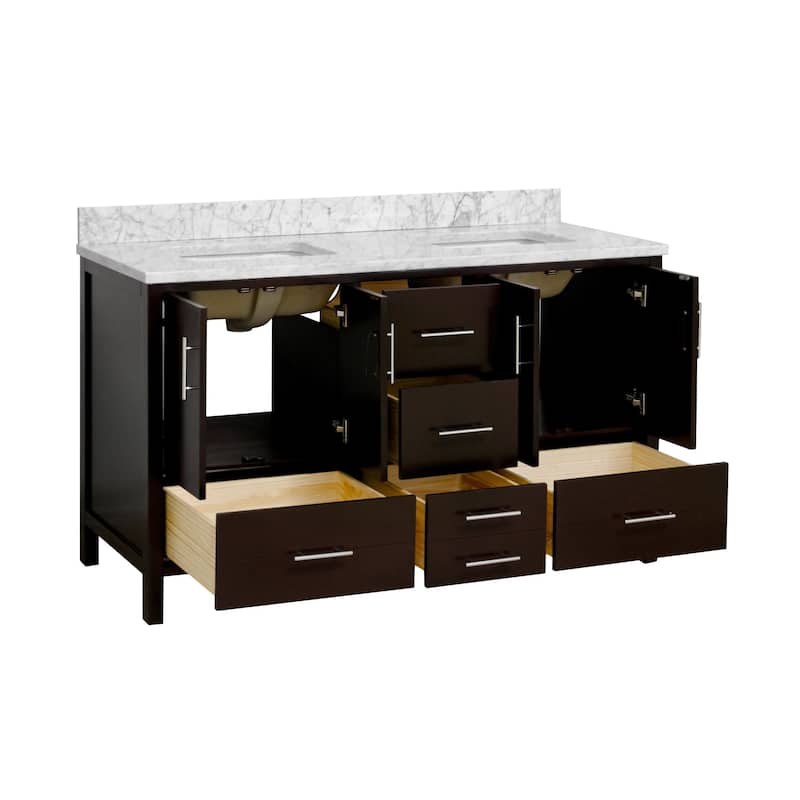KitchenBathCollection California 60" Double Bathroom Vanity with Carrara Marble Top