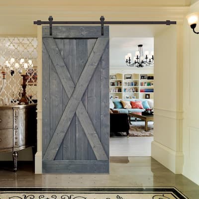 36 in x 84 in Gray Stained X Style Wood Barn Door w/ Sliding Hardware