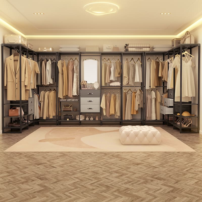 Closet Organizer with Wood Drawers, Garment Rack with Wood Shelves for Reach-in/ Walk-in Closet