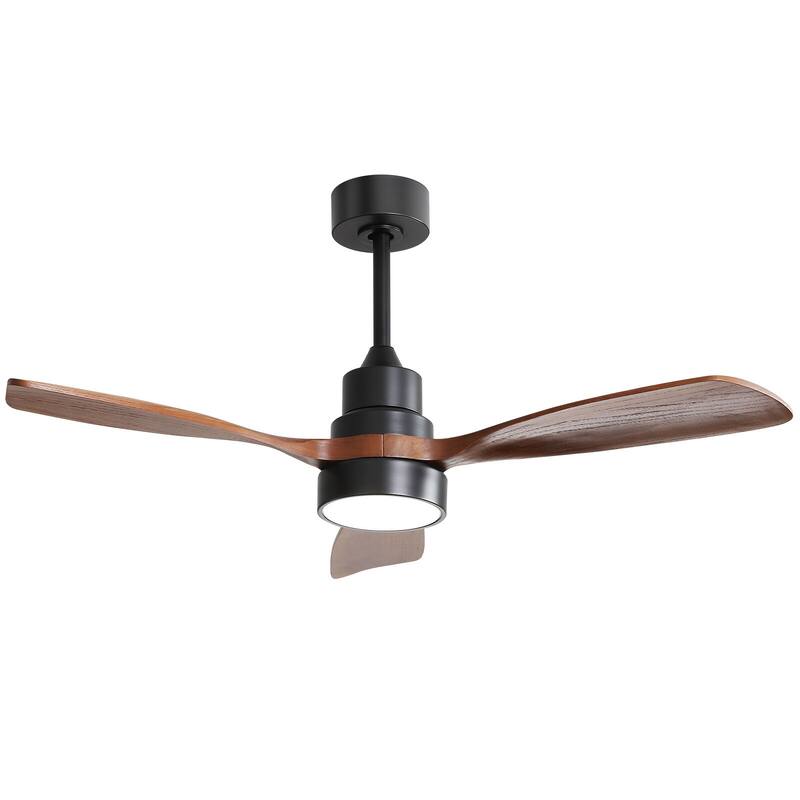 52"Solid Wood Ceiling Fan with Light Optional, 6-Speed Reversible DC Motor and Remote control,Smart Optional - 48"-Non-Smart-With lights - Black with Brown solid wood Blades