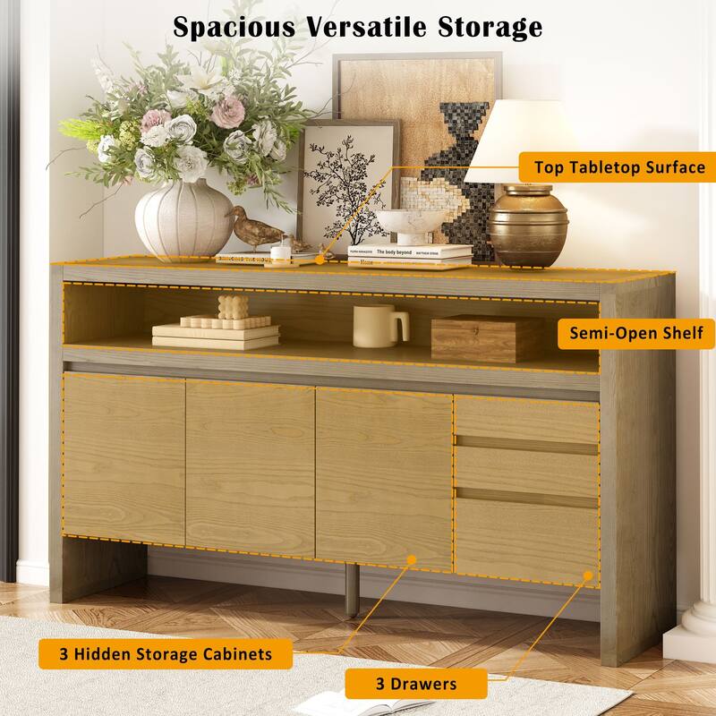 60" Modern Sideboard with 3 Drawers and 3 Doors, Ash Veneer Storage Cabinet with Semi-Open Shelf and Cable Cutout