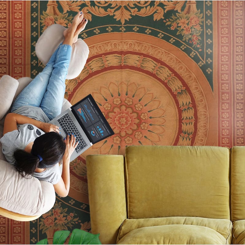 7'4''x11'7'' Hand Woven Wool Teal French Needlepoint Flatweave Area Rug - 7' 4'' x 11' 7'' - 7' 4'' x 11' 7''