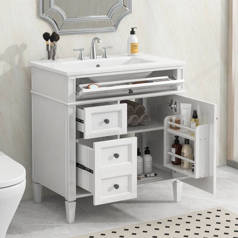 Bathroom Vanity with Top Sink, Bathroom Vanities with 2 Drawers and Tip-Out Drawer, Storage Cabinet with Adjustable Shelf - White