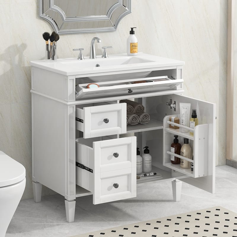 GDFStudio - Halmore Modern Freestanding Bathroom Vanity with Resin Sink, 2 Storage Drawers and a Tip-Out Drawer - 30'W