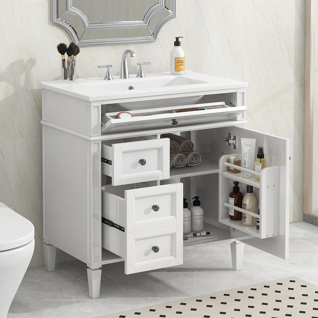 Single Sink Vanity for Bathroom, Modern Bathroom Storage Cabinet with 2 Drawers, Tip-out Drawer and Side Door Organizer