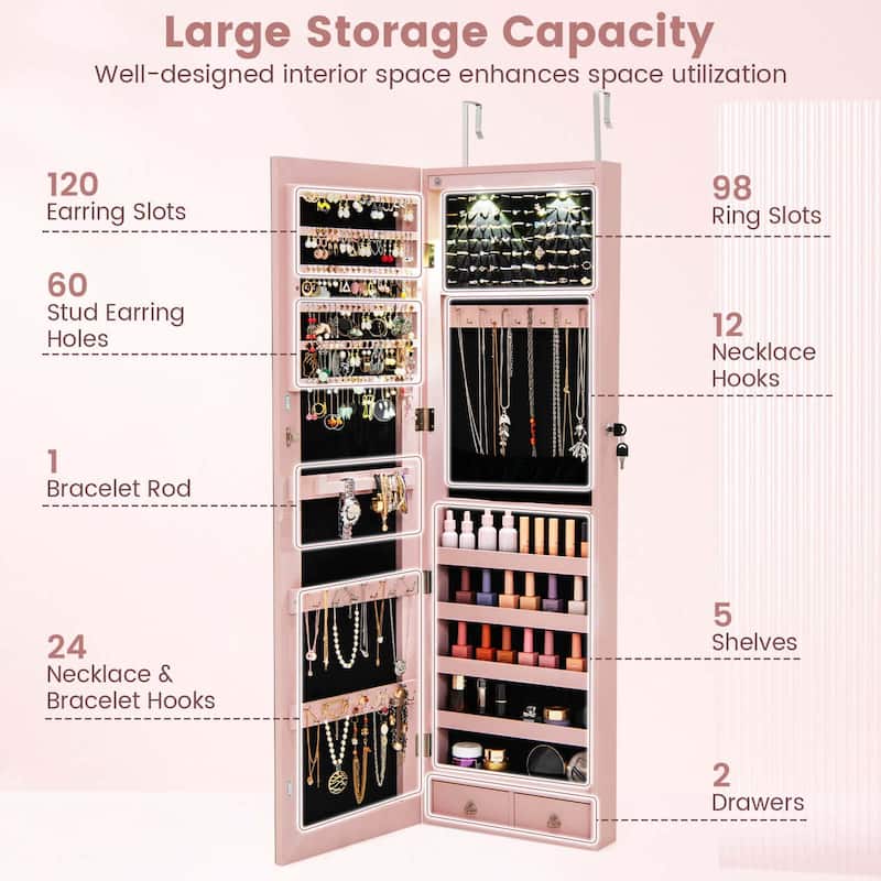 Costway Mirrored Wall & Door Mounted Jewelry Cabinet Storage Organizer - See Details