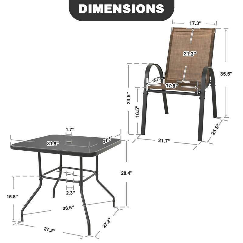 5-Piece Outdoor Dining Set, Textilene Stackable Chairs ang Square Table with Umbrella Hole
