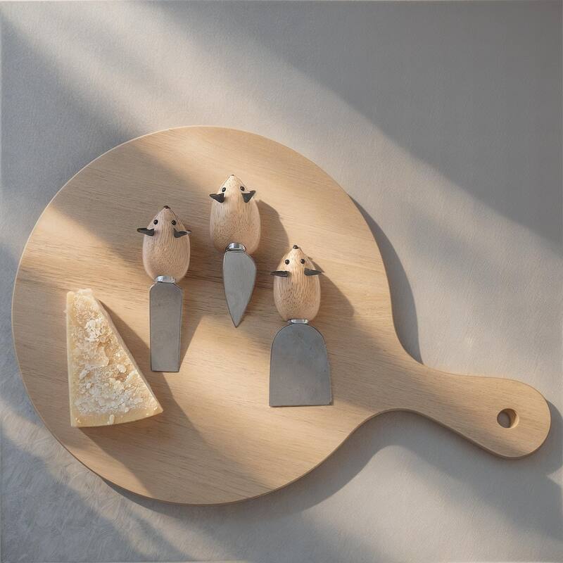 3-Piece Rubberwood & Stainless Steel Cheese Knives with Mouse Shaped Handles - 5.25"L x 1.5"W x 1.5"H - Multicolor