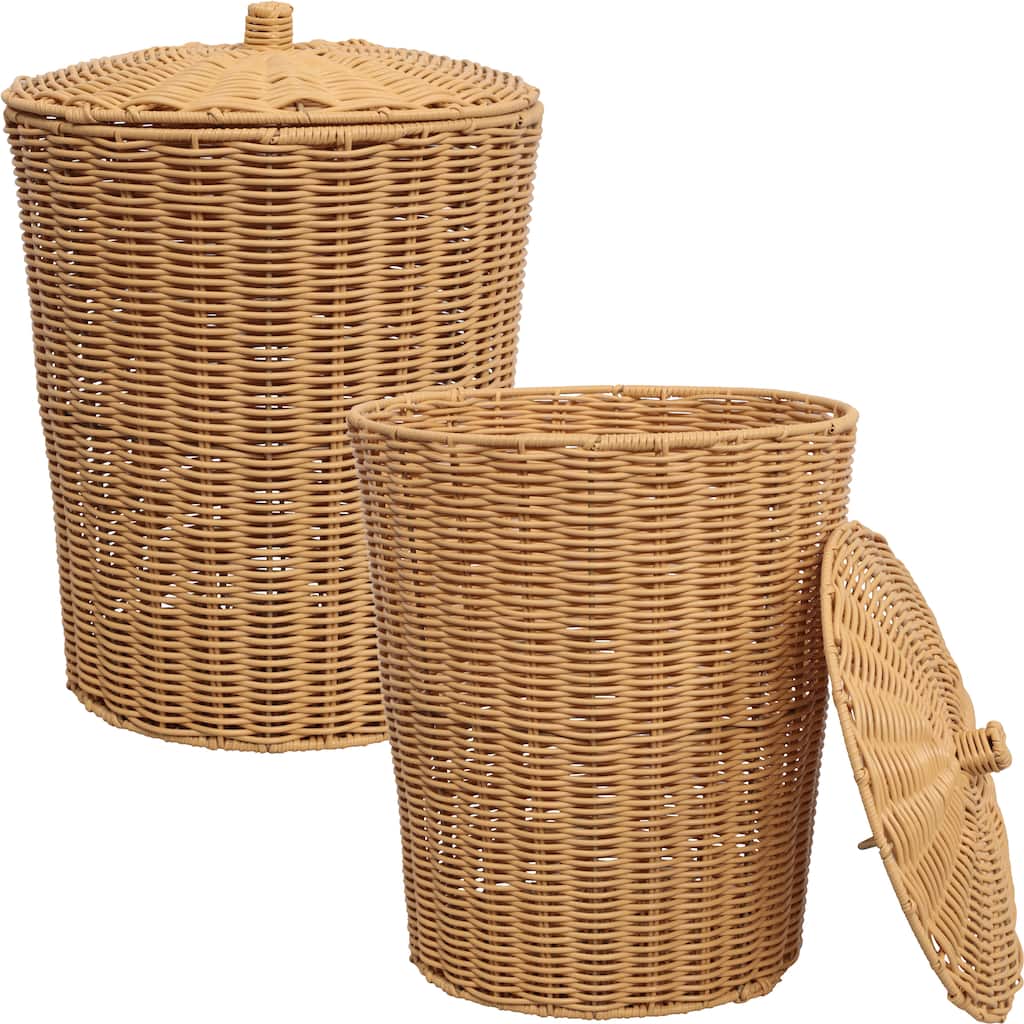 Ollie Coastal Contemporary Resin 4.7-Gallon Tapered Round Wicker Watebasket with Lid (Set of 2)