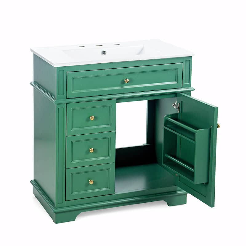 30" Bathroom Vanity with Sink, Tip-Out Drawer, Three Drawers, Door Shelf