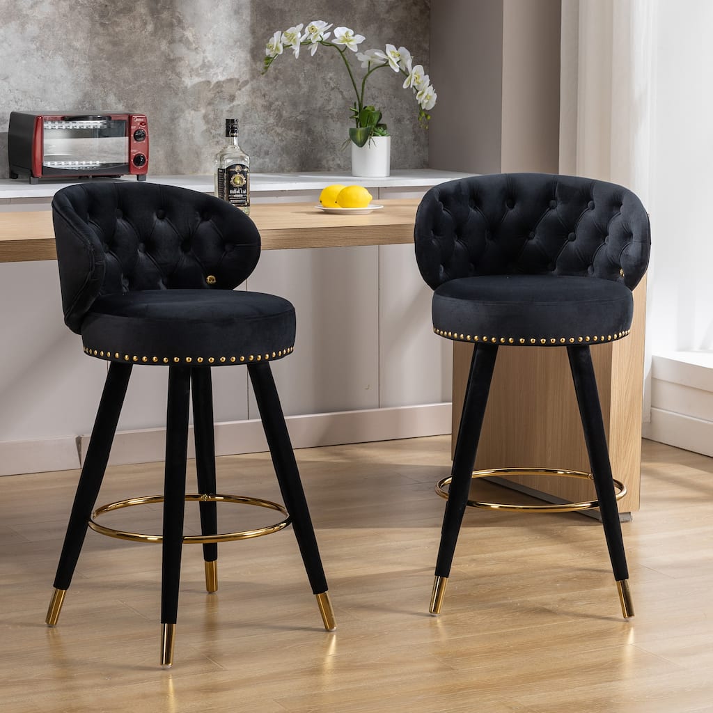 Velvet Upholstered 360 Degree Swivel Tufted Bar Stools with Golden Footrest(set of 2)