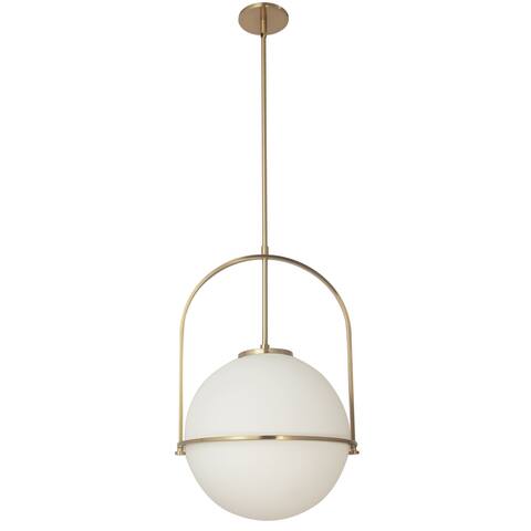 1 Light Incandescent Pendant, Aged Brass with White Opal Glass