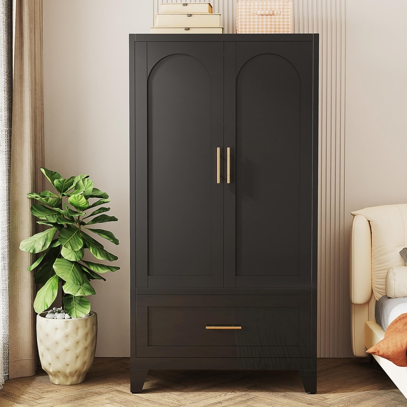 60" Tall Metal Wardrobe Cabinet - 2-Door Closet with Hanging Rod, Shelf, and Drawer