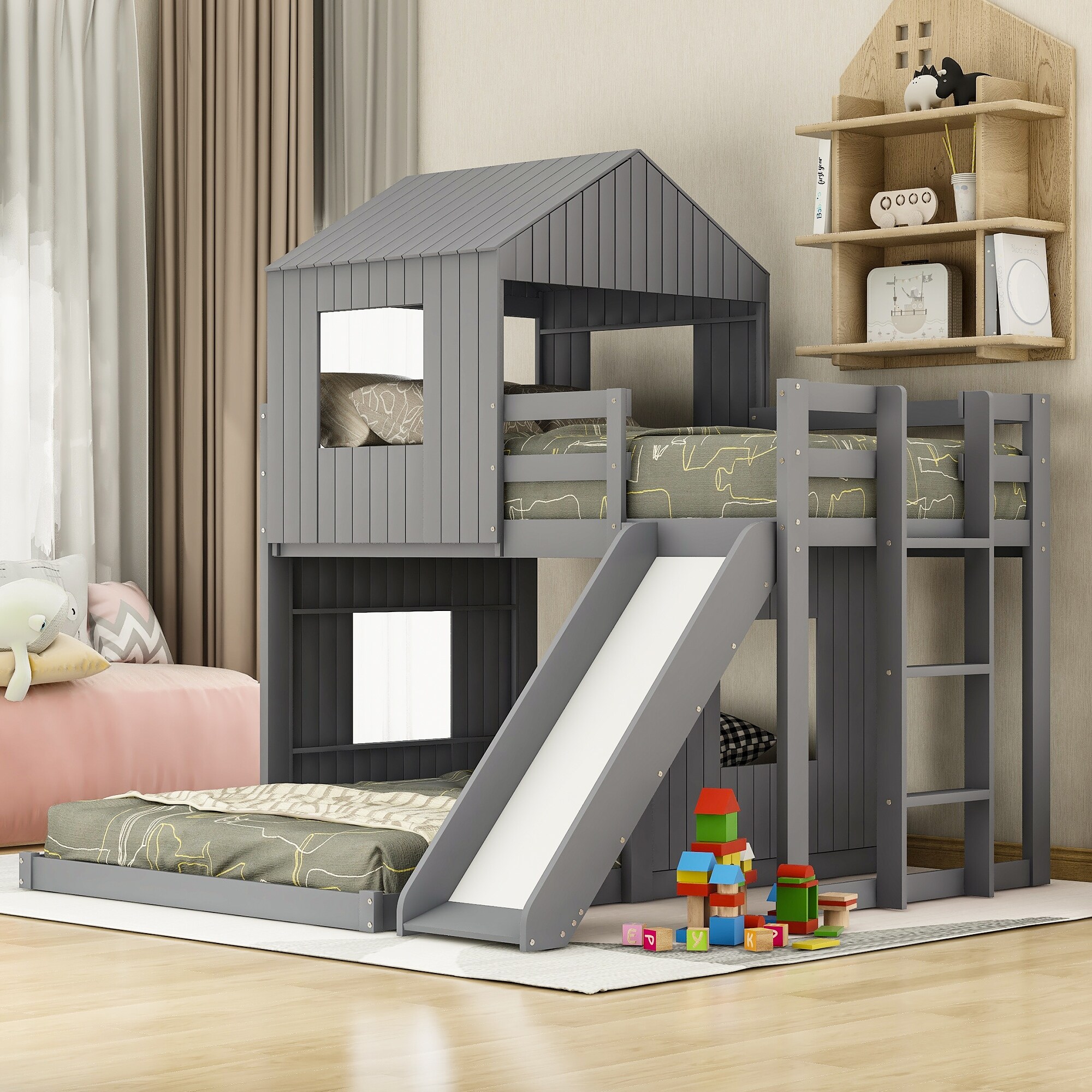 Twin over twin low bunk bed with slide sale