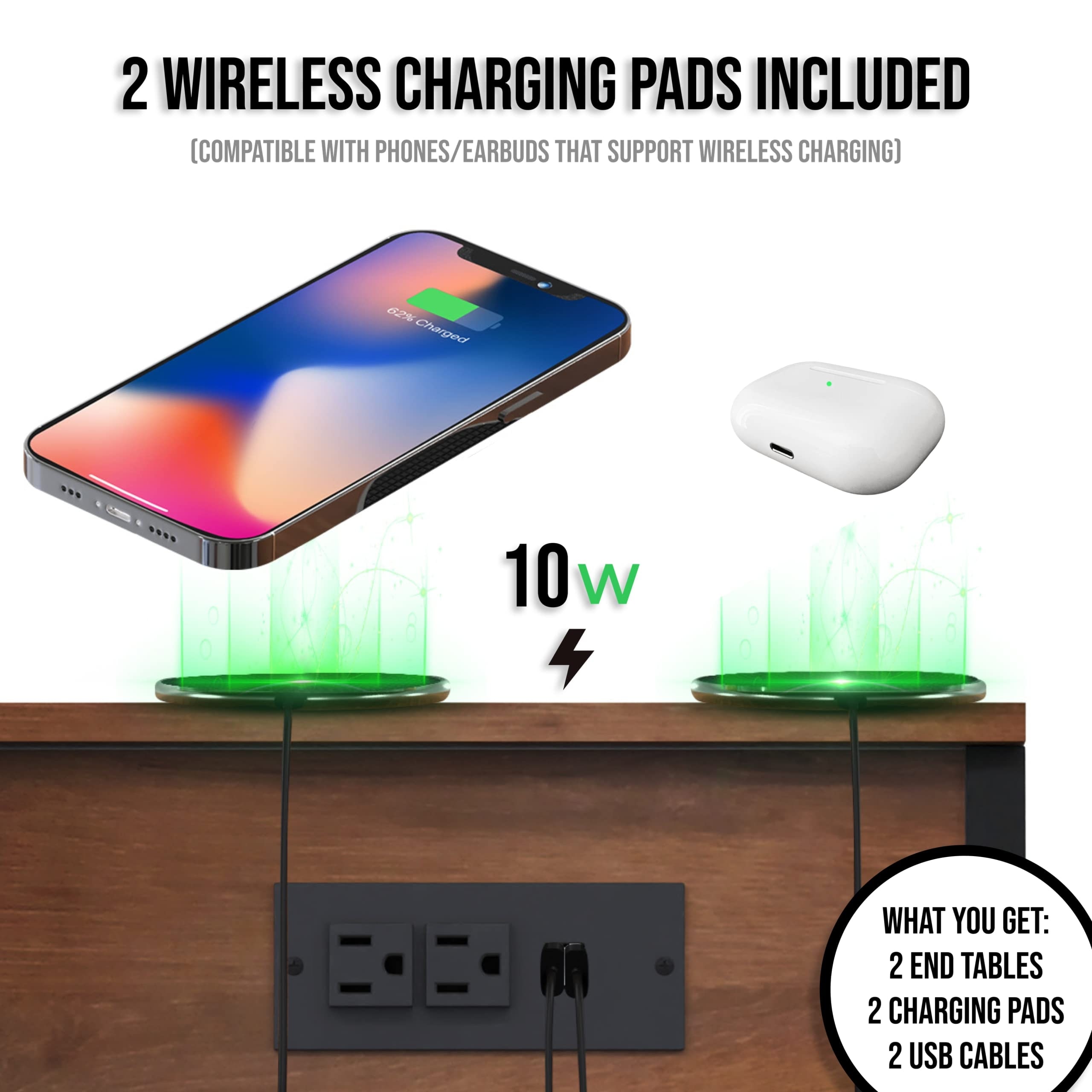 Side Table with Charging Station Wireless Charger Pads End