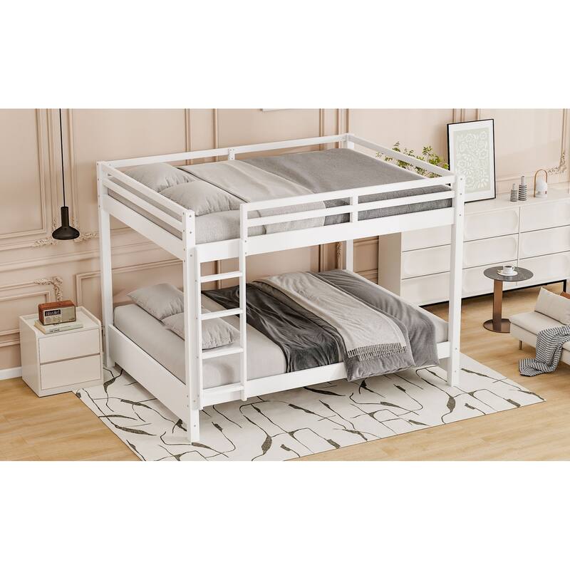 Wood Queen Size Bunk Bed with Ladder, White