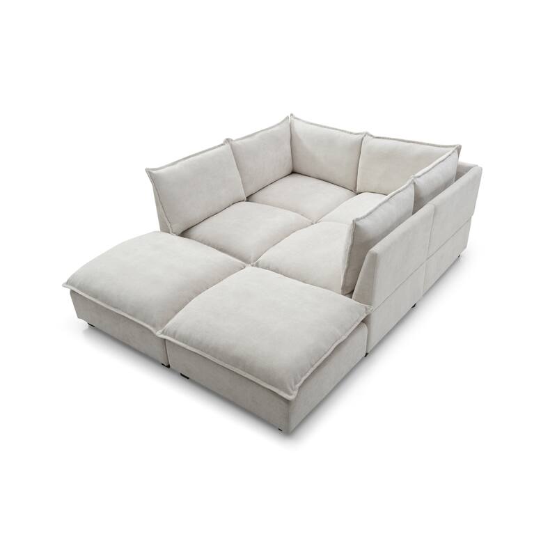 Chenille Upholstered Sectional Sofa with 2 Ottoman Chaise Lounge and Throw Pillows, Deep Seat Sleeper Cloud Couches, 4 Seat