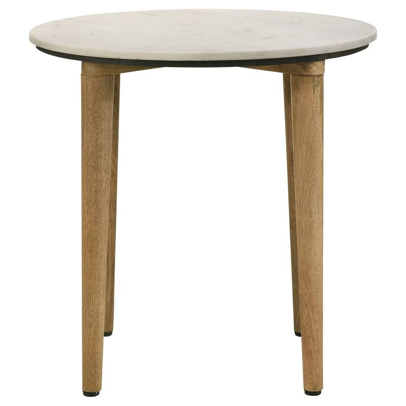 Wolu 22 Inch Side End Table, White Marble Round Top, Natural Brown Wood