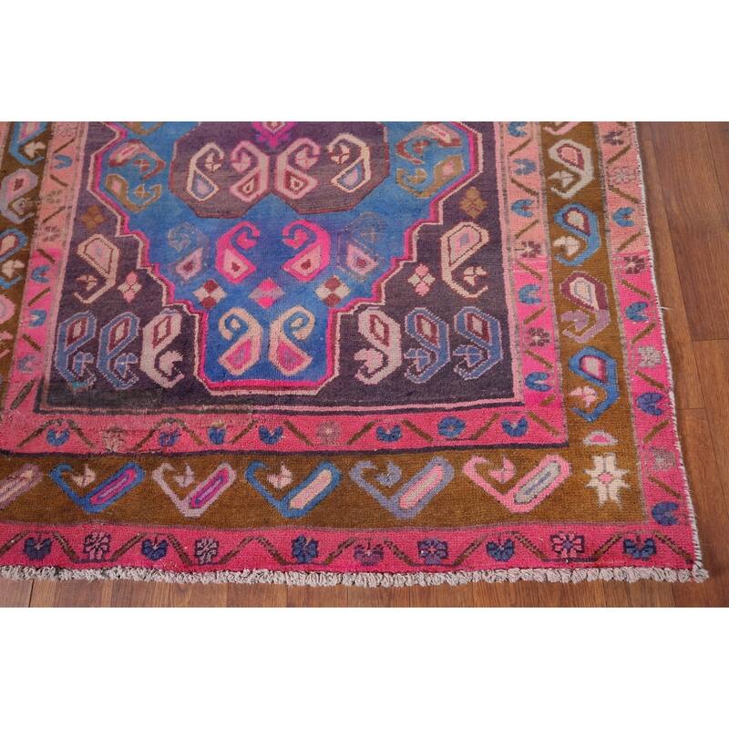 Geometric Meshkin Persian Vintage Runner Rug Hand-Knotted Wool Carpet - 3'9" x 10'6"