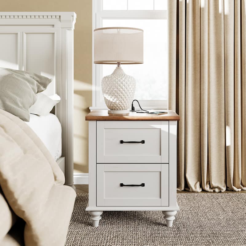 Mid Century End Table Nightstands with Charging Station & Drawer