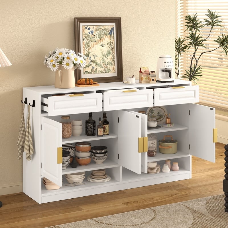 Farmhouse 59.1" Sideboard Cabinet with 3 Drawers and Open Shelf for Dining Room, Living Room, Entryway
