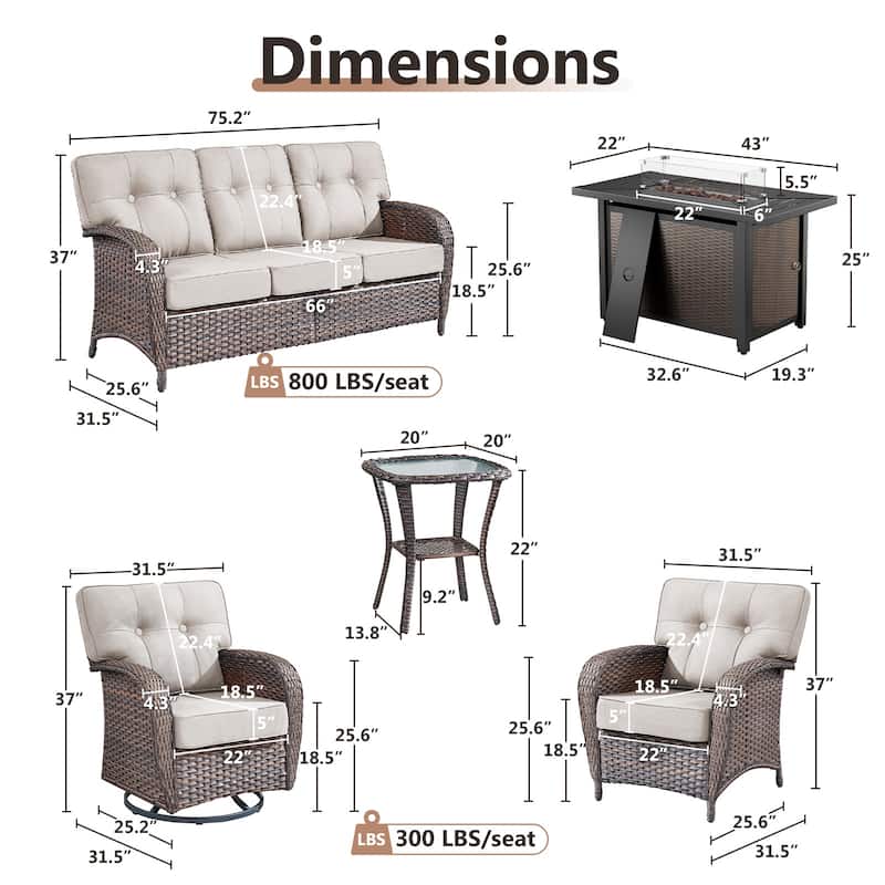TWrap Wicker Patio Iron Fire Pit Conversation Set with 3-Seat Sofa & Swivel Gliders & Armchairs