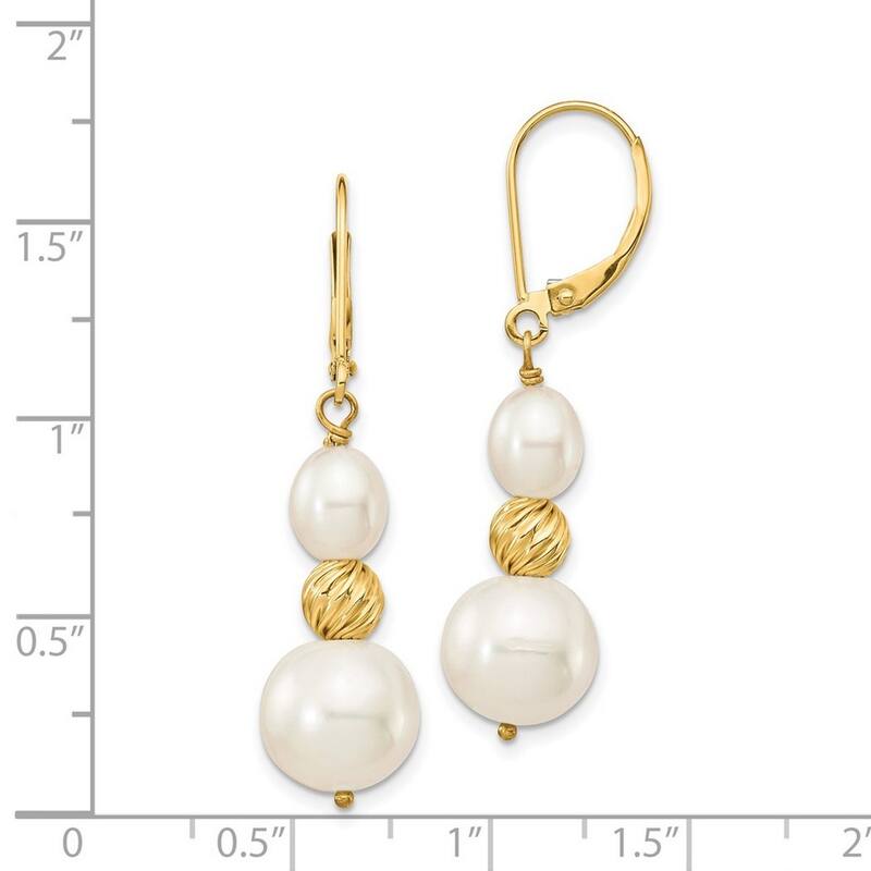 Curata 14k Yellow Gold 6-10mm White Freshwater Cultured Pearl Bead Leverback Earrings (41.46mm)