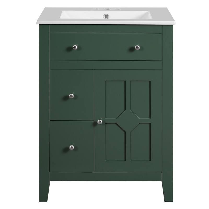 24" Bathroom Vanity with Ceramic Basin, Restroom Basin Cabinet with 2 Drawers, Small Bathroom Cabinet with Soft-Closing Door